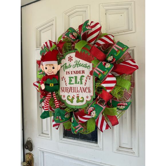 Elf Surveillance Christmas Wreath | Fun Elf Holiday Door Hanger Fireplace Decor - Picture 8 of 9